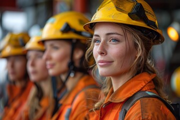 A group of women are pictured wearing hard hats, indicating they are likely construction workers or involved in another manual labor profession - obrazy, fototapety, plakaty