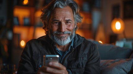 Joyful Mature Man Utilizing Smartphone at Home Generative AI