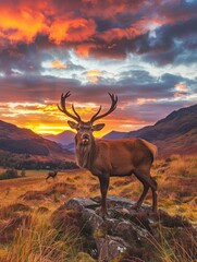 Majestic stag in fiery sunset highland landscape - The image showcases a grand stag with impressive antlers standing atop a rocky terrain against a dramatic sunset sky