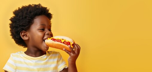 Afro-American Boy Eating a Classic Hot Dog With Ketchup, Isolated On a Yellow Background With Copy...