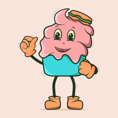 Retro smiled icecream mascot. Illustration for t-shirt print or poster design. Vector illustration.