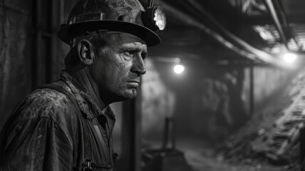 Black and white image of a miner in a mine shaft - Monochrome portrayal of a miner, with obscured features, in the depths of a mine, highlighting the gritty texture and tough environment - obrazy, fototapety, plakaty