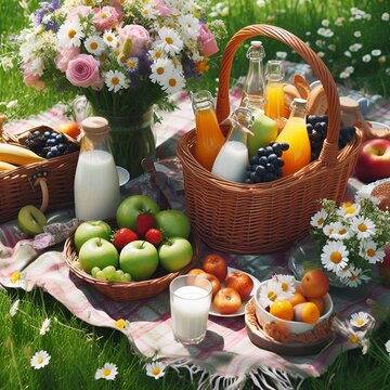 A picnic on a green meadow with a basket of fruits and flowers