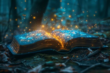 An open book with bright, glowing pages stands out in the midst of a wooded area