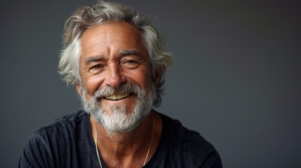Obraz premium Joyful Mature Gentleman with Gray Beard Smiling Against Plain Background Generative AI