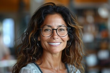 A woman wearing glasses smiles directly at the camera, showcasing a warm and friendly expression