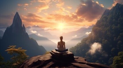 Serenity and yoga practicing,meditation at mountain range. - obrazy, fototapety, plakaty