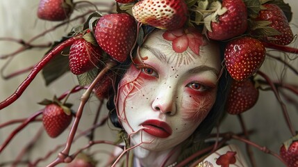 A tiny japanese geisha fairy gorgeously adorned with a wreath of strawberry ananas and banana