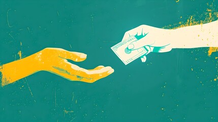 Hand-to-hand exchange of money, financial transaction concept illustration in grunge style. Vibrant colors depicting payment, trade or deal. Suitable for business and finance themes. AI - obrazy, fototapety, plakaty