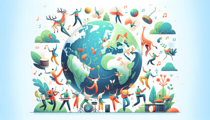Biodiversity Beats Dance: Earth Day Celebration in Simple Flat Vector Illustration with Isolated White Background