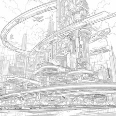 The Ultimate Urban Evolution: Discover the Next-Generation Metropol with this Stunning Single Line Drawing Illustrated Future City Concept