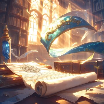 Epic Fantasy Art: Mystical Library with a Wizard's Cloak and Magic Scroll