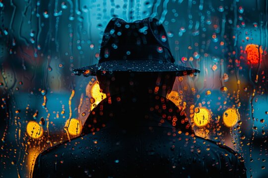 A man stands in the rain wearing a hat to shield himself from the downpour