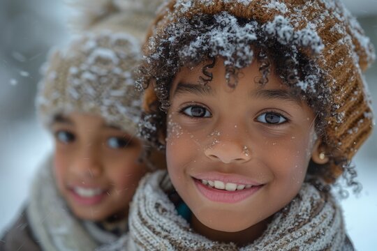 Two young children, dressed in winter attire, are wearing hats and scarves to stay warm in the cold weather