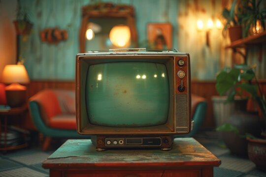 An old television set is placed on top of a wooden table