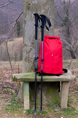 Backpack and trekking poles on a bench in the forest