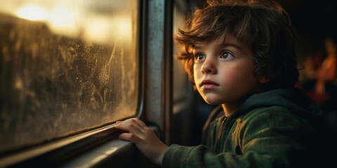 A lonely sad boy looks through the window of a moving train. Homeless orphan. Generative AI.