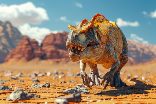 A dinosaur strides across a rocky desert landscape under the scorching sun