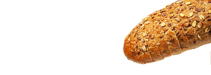 black sliced bread with bran on a white background. oval dark bread with a light texture	