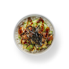 Overhead view of Sweet Eel Poke Bowl with fresh ingredients. Overhead image on white background with clipping PATH