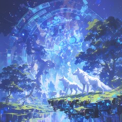 Unearth the enchanting blend of nature and technology with this image featuring cybernetic foxes exploring a futuristic jungle.