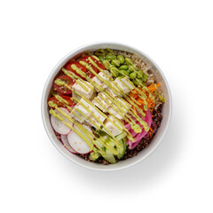 Overhead view of Vegan Poke Bowl with brown rice and quinoa, topped with pickled red onion, edamame, tomato, radish, cucumber and fresh tofu, sprinkled with sesame seed glazed with Avocado Lime sauce.
