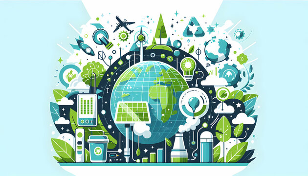 Green Technology Triumphs: A Simple Flat Vector Illustration for a Greener Future on Earth Day, Isolated on a White Background