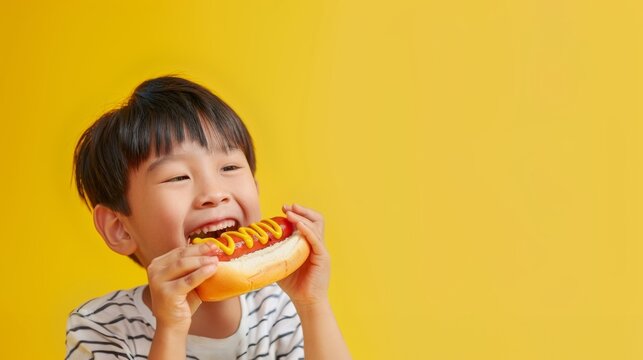 Happy Asian Boy Eating a Hot Dog With Mustard On a Yellow Background With Copy Space