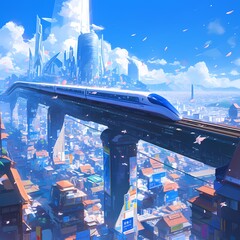 Explore the Future of Transportation in this Vibrant Cityscape with a Stylish Monorail Sailing Above a Dense Metropolis. - obrazy, fototapety, plakaty