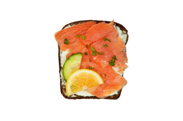 canape with red fish on a white background. sandwich with sauce and red fish	