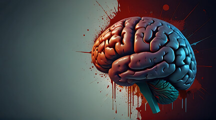 Illustration of a Human brain with various color stains and blood stains representing mental disease or post traumatic stress disorder, abstract design, colorful theme, 3d