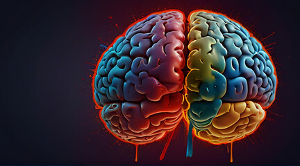 Illustration of a Human brain with various color stains and blood stains representing mental disease or post traumatic stress disorder, abstract design, colorful theme, stain