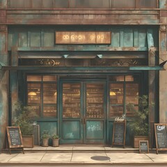 Café Entrance Illustration: Timeless Appeal and Atmosphere for Marketing Material - obrazy, fototapety, plakaty
