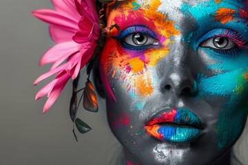 Vibrant Color Splash on Woman's Face with Grayscale Contrast and Pink Flower