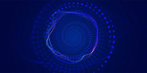 Abstract blue background with a series of dots from small to large twisted in a spiral, wave of dots and weave lines for presentations, web design on a technological theme. Vector illustration