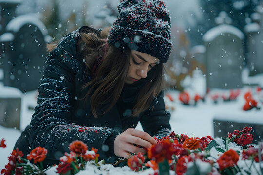 Mourning young woman laying flowers on grave in snowy cemetery on winter day
