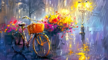 Colorful impressionist painting of bicycle with flower basket by street lamp. Vibrant, artistic urban scene. Perfect for decor, postcards. AI