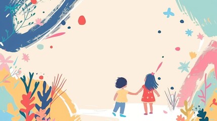 horizontal banner, watercolor illustration, international children's day, silhouettes of children, paint strokes, light background, copy space, free space for text