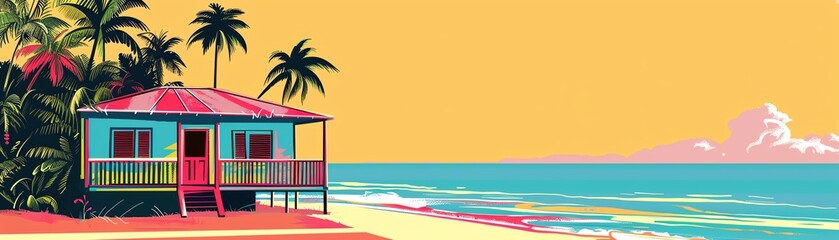 A colorful Caribbean beach shack through minimalist line art, where the vibrancy of the culture and the calm of the sea are captured in the simplicity of outlines - obrazy, fototapety, plakaty