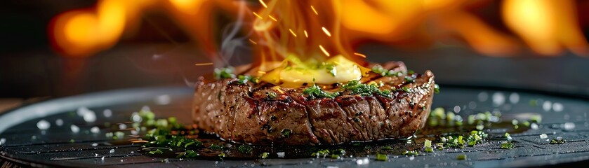 A perfectly grilled steak with char marks and a pat of herb butter, cinematic, food professional photography, studio lighting, modern restaurant background, Michelin star, splash fire, advertising pho