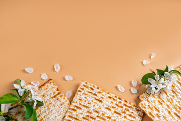 Spring flowers and matzo bread on beige background.