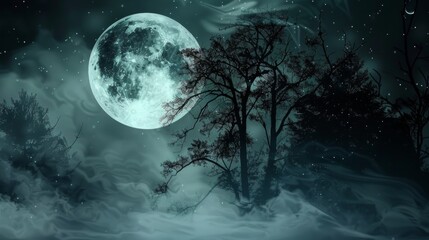 Dark forest with fog, gloomy dark scene with trees, big moon, moonlight. Abstract dark, cold outdoor background, night scene