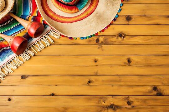  Mexican background with sombrero straw hat maracas and traditional serape rug or blanket on old planked pine wood Mexico holiday vacation Cinco de mayo photo 