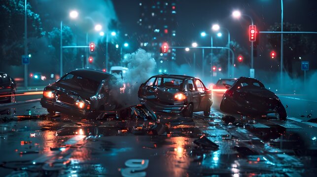 Cinematic Night Scene of a Car Accident on a Rainy City Street. Emergency and Drama in Urban Setting. High-Quality Image Generated by AI.