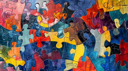 Colorful Jigsaw Puzzle Pieces Forming a Dynamic Mosaic Pattern
