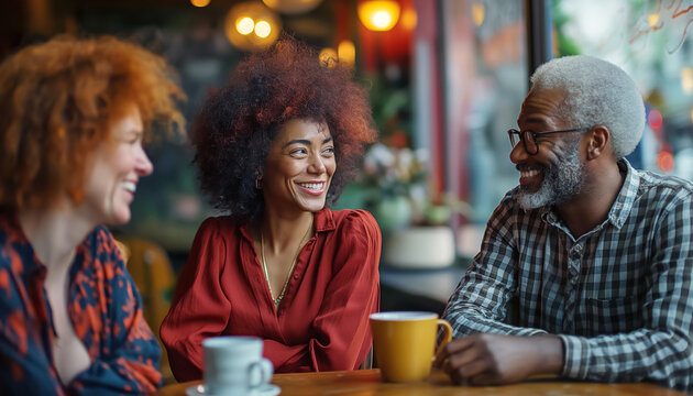 Diverse group of friends enjoying cheerful conversation over coffee in cozy cafe. They are smiling and laughing, creating warm and inviting atmosphere. Everyday lifestyle, friendship and social places