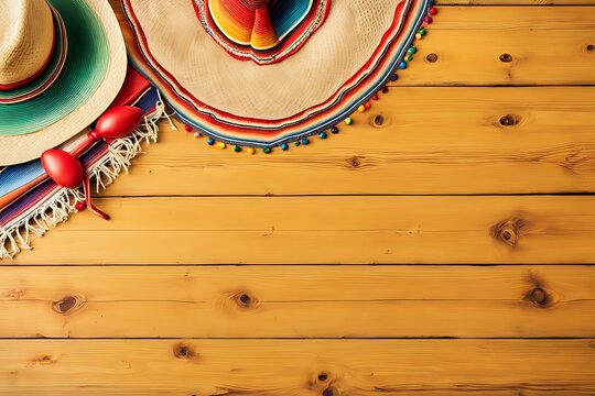  Mexican background with sombrero straw hat maracas and traditional serape rug or blanket on old planked pine wood Mexico holiday vacation Cinco de mayo photo 