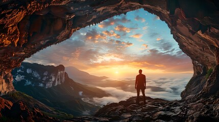 Solitary figure stands at cave entrance, contemplating vast landscape at sunset. Tranquil scenery, nature's beauty captured. Inspirational moment. AI - obrazy, fototapety, plakaty