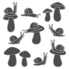 Set of black and white illustrations with snails and mushrooms. Isolated vector objects on white background.