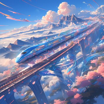 Exciting Futuristic Train Ride Across Cloudy Valley